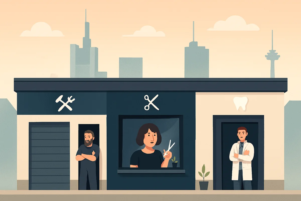 Drei kleine Betriebe in einer Frankfurter Straße vor der Skyline: Werkstatt mit Werkzeug-Symbol, Friseursalon mit Scheren-Symbol und Zahnarztpraxis mit Zahn-Symbol